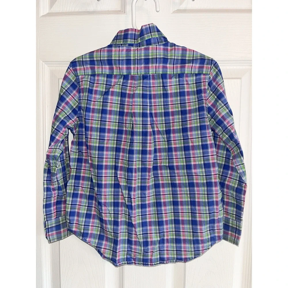 Boys Size 4 Button Down Shirt Ralph Lauren Blue Pink Green‎ Plaid Long Sleeve